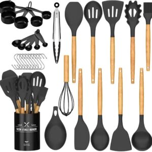 Kitchen Utensil, Cooking utensils, Cookware Set, 33-Piece, Kitchen, Cooking, Wooden Handle, Silicone Kitchen Products, Nonstick Heat-Resistant, Cookware Tools, Kitchen Gadgets, (Black)