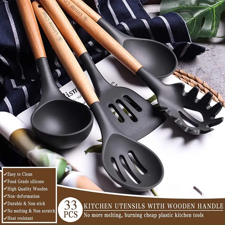 Kitchen Utensil, Cooking utensils, Cookware Set, 33-Piece, Kitchen, Cooking, Wooden Handle, Silicone Kitchen Products, Nonstick Heat-Resistant, Cookware Tools, Kitchen Gadgets, (Black)