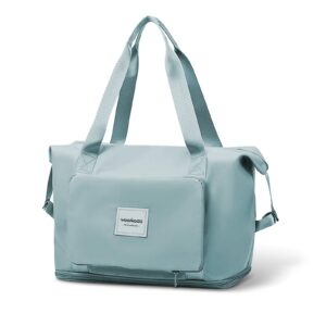 WOOMADA Foldable Travel Duffel Bag, Weekender Bags for Women, Tote Bag with Expandable Space, Carry on bags for airplanes with Wet Pocket & Trolley Sleeve, Gym Bag for Women, Lightweight (aquamarine)