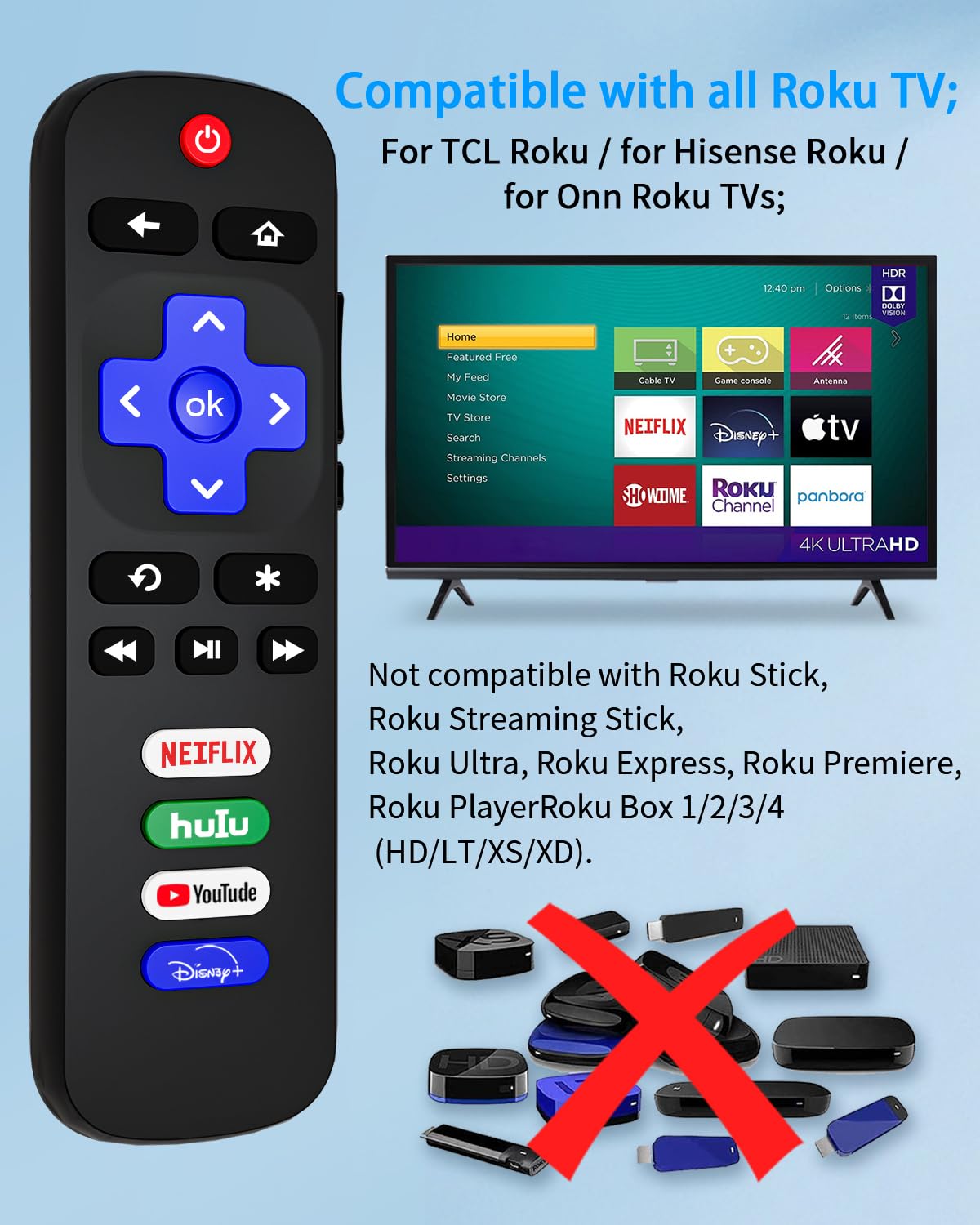 (Pack of 2) Replacement Remote Control for Roku TV,for TCL/Hisense/Sharp/Philips/Onn/Element/Insignia Roku TV,with Shortcut Buttons Netflix/YouTube/Hulu/Disney+ (NOT for Roku Stick or Box)