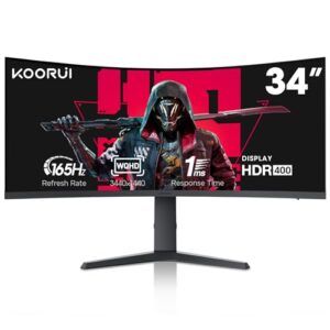 koorui 34-inch ultrawide curved wqhd 3440×1440 gaming monitor, 165hz 144hz curved 1000r- pip/pbp, 1ms with displayhdr 400, dci-p3 90% color gamut, freesync premium, hdmi/displayport, 34e6uc