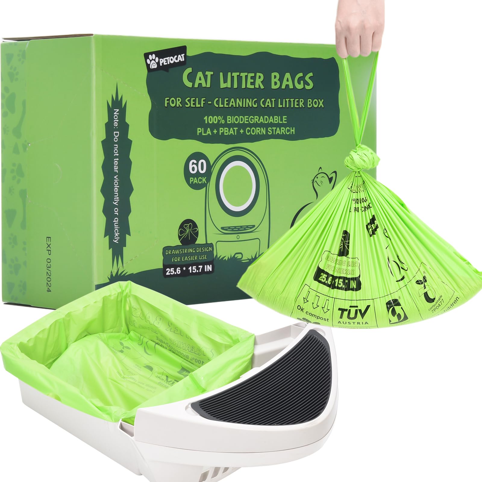 PETOCAT Drawstring Biodegradable Cat Litter Bags Fit Catlink Self Cleaning Cat Litter Box Heavy Duty Cat Litter Liner for Robot 3 4,100% Compostable Trash Bags (25.6" x 15.7"- 60 Count)