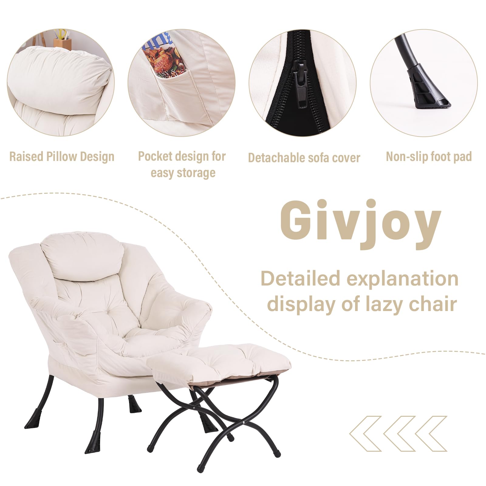 Givjoy Lazy Chair and Ottoman, Large Accent Lounge Chair with Armrests and a Side Pocket, Modern Leisure Upholstered Sofa Reading Armchair with Footrest for Bedroom, Living Room, Dorm Rooms, Office