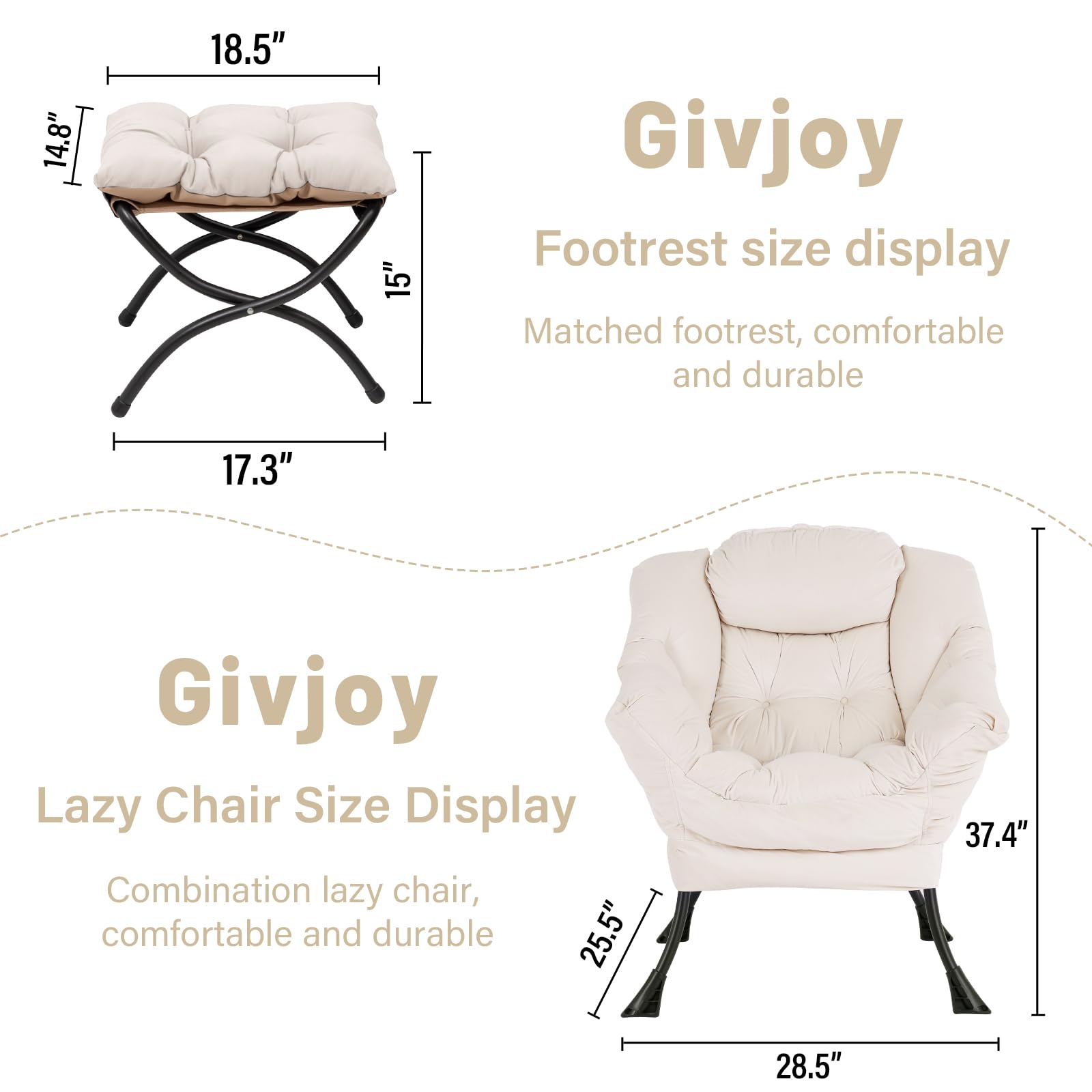 Givjoy Lazy Chair and Ottoman, Large Accent Lounge Chair with Armrests and a Side Pocket, Modern Leisure Upholstered Sofa Reading Armchair with Footrest for Bedroom, Living Room, Dorm Rooms, Office