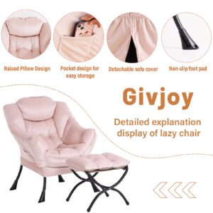 Givjoy Lazy Chair and Ottoman, Large Accent Lounge Chair with Armrests and a Side Pocket, Modern Leisure Upholstered Sofa Reading Armchair with Footrest for Bedroom, Living Room, Dorm Rooms, Office