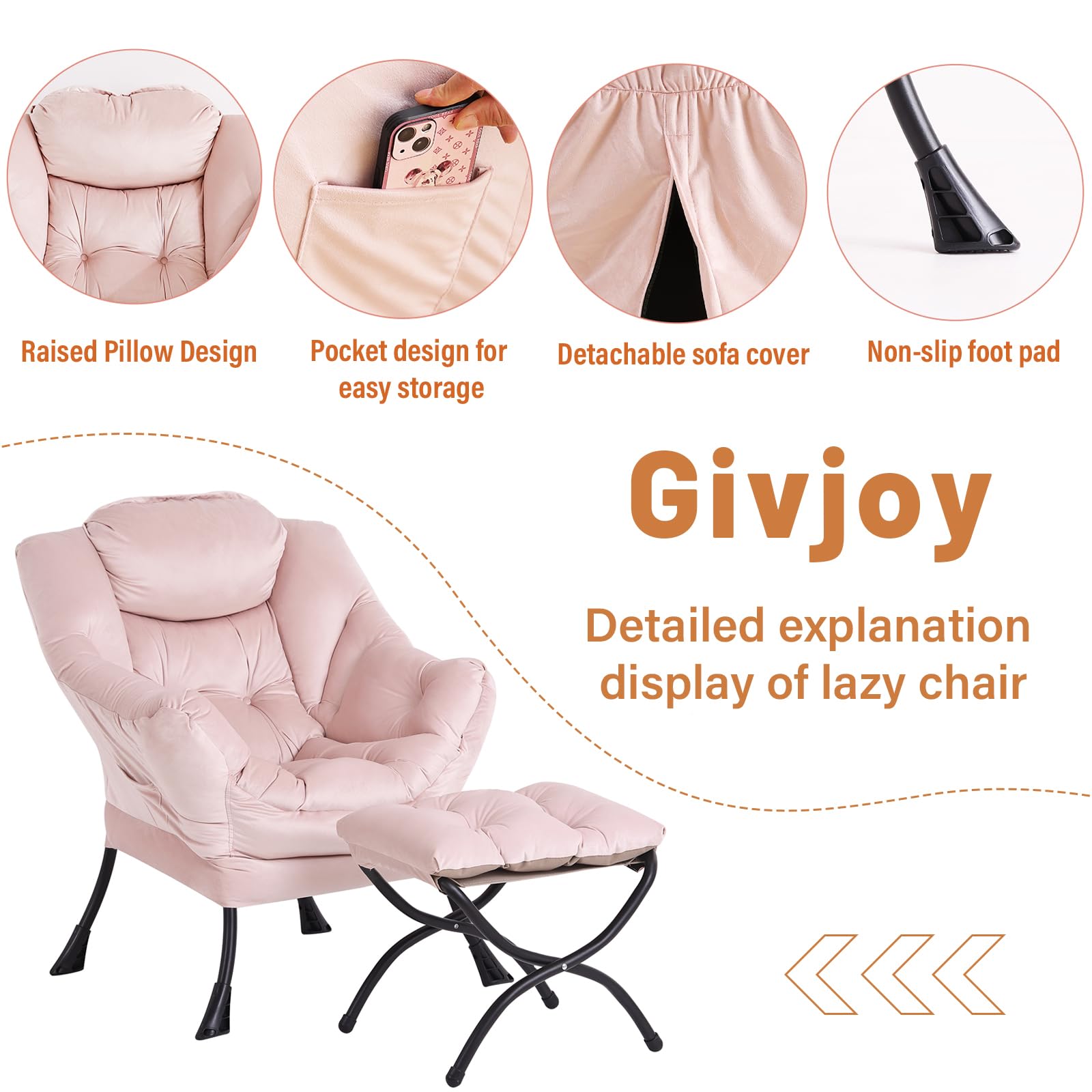 Givjoy Lazy Chair and Ottoman, Large Accent Lounge Chair with Armrests and a Side Pocket, Modern Leisure Upholstered Sofa Reading Armchair with Footrest for Bedroom, Living Room, Dorm Rooms, Office