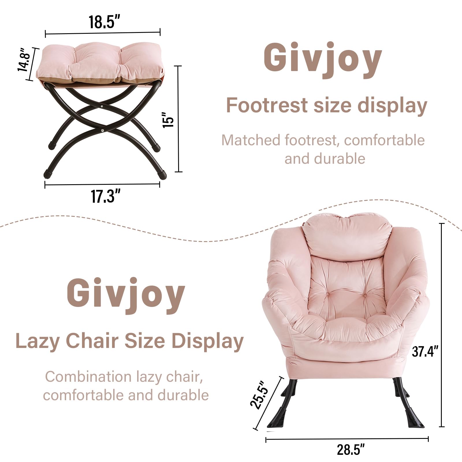 Givjoy Lazy Chair and Ottoman, Large Accent Lounge Chair with Armrests and a Side Pocket, Modern Leisure Upholstered Sofa Reading Armchair with Footrest for Bedroom, Living Room, Dorm Rooms, Office