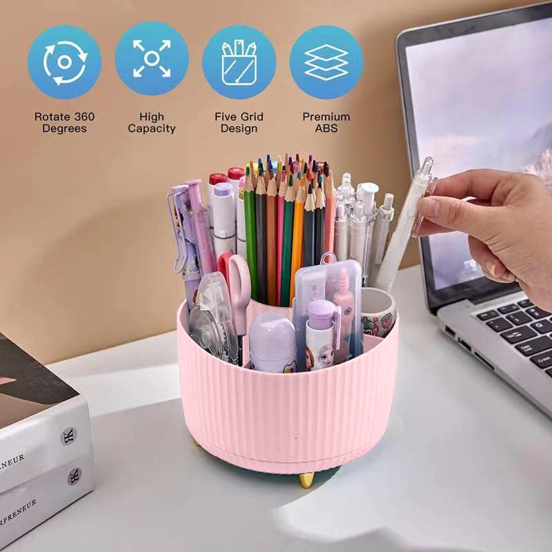 WNING Pen Holder for Desk, Pencil Holder,5 Slots 360° Degree Rotating Desk Organizers and Accessories, Cute Pen Cup Pot for Office, School, Home, Art Supply (pink)