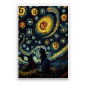 lianxiaw the starry night cat canvas wall art famous oil paintings black cat poster funny cat print colorful abstract farmhouse gallery aesthetic room wall decor for bedroom 12x16in unframed