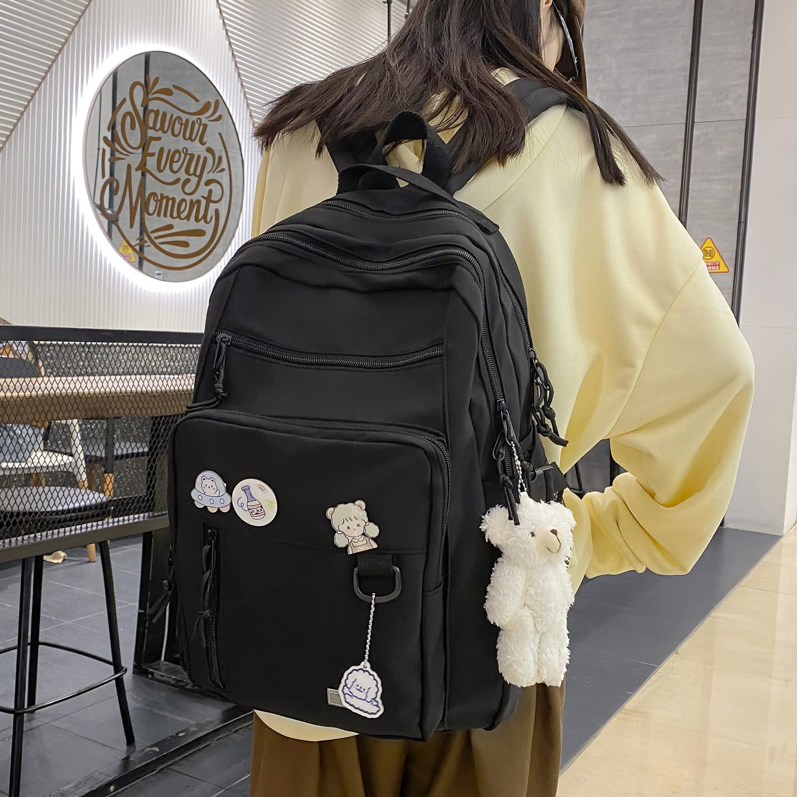 MININAI Aesthetic College Backpack with Pins and Plushies Kawaii Laptop Backpack Preppy Daypack Cute Travel Bag Book Bag (Black,One Size)