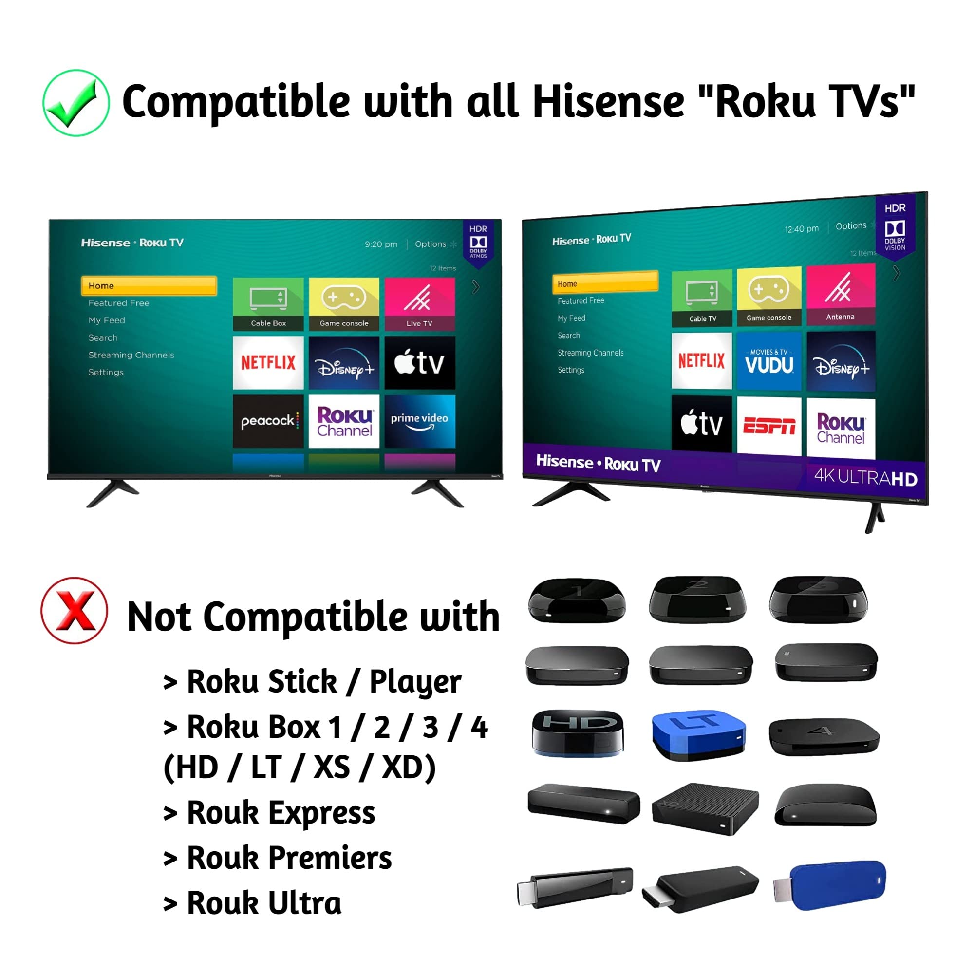 OEM Replacement Remote Control Compatible with All Hisense Roku TV Smart 4K Ultra HDTV 【Only Works with Hisense Roku TV, Not for Roku Stick and Roku Box】 (Netflix/Disney Plus/Apple TV+ / HBO Max)