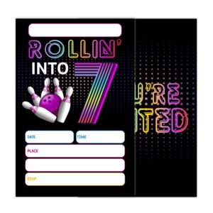 WUINCK 7th Birthday Party Invitations Cards, Roller Bowling Birthday Party Invitations for Kids, Boys and Girls, Neon Bowling Birthday Party Celebration Supplies, 20 Invitation with Envelopes - 0063