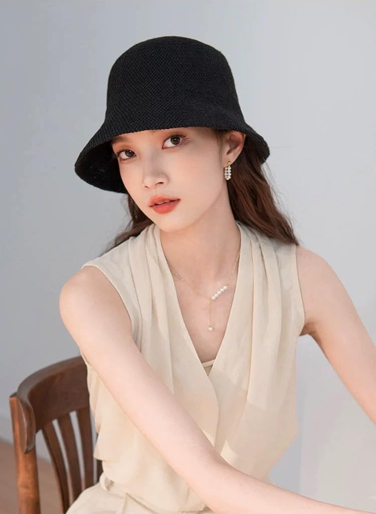 YOFARCHOY Lightweight Packable Sun Hat for Women Foldable Sunhats Woven Bucket Hats Packable Beach Hat Floppy Knitted Woven Hat Black