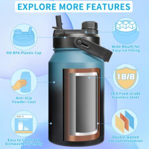 AEXPF Insulated Water Bottle 64 oz with Three-use Lid, Stainless Steel Double Wall Vacuum Wide Mouth Water Bottle with Straw, Half Gallon Water Jug for Drinking, Thermo Mug Metal Canteen