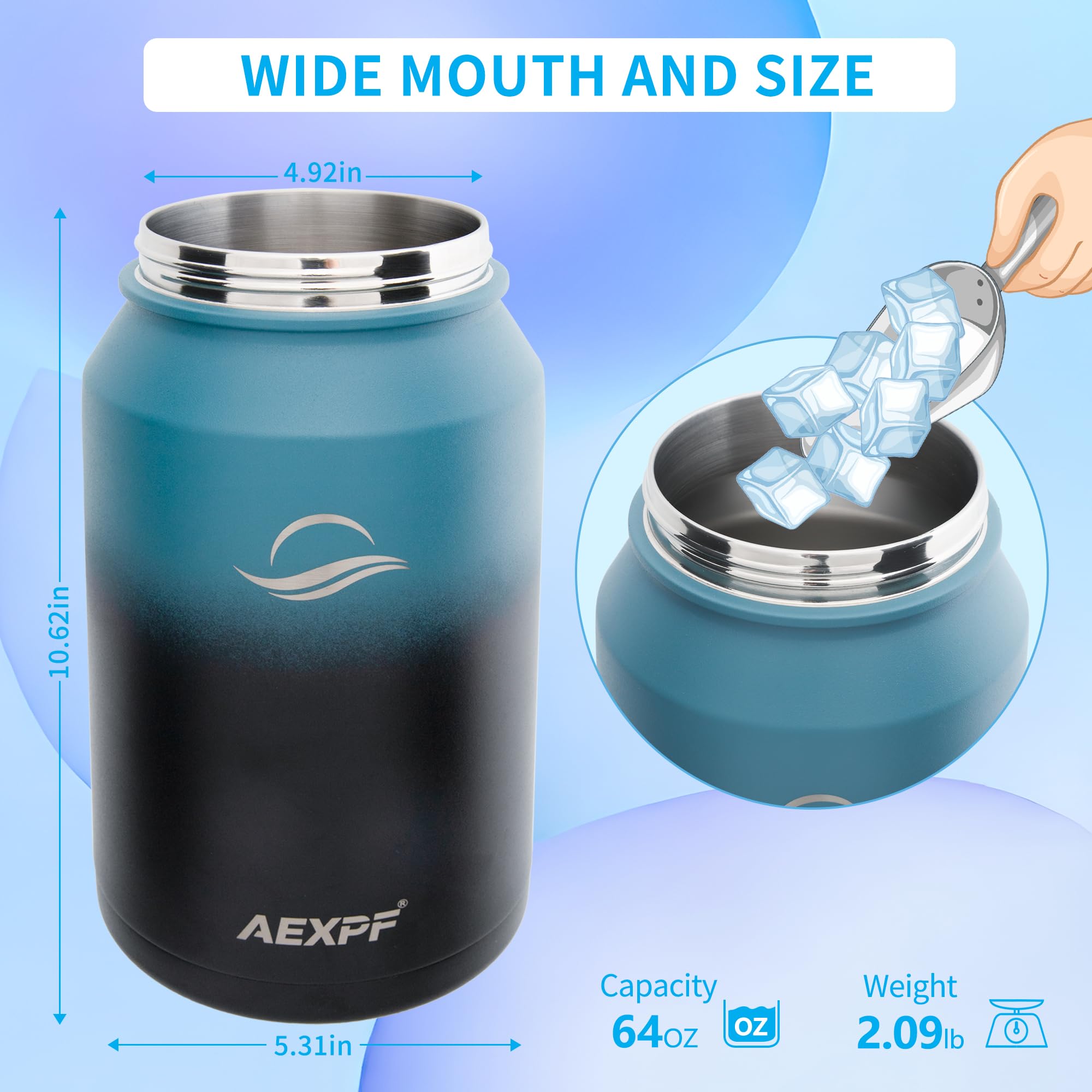 AEXPF Insulated Water Bottle 64 oz with Three-use Lid, Stainless Steel Double Wall Vacuum Wide Mouth Water Bottle with Straw, Half Gallon Water Jug for Drinking, Thermo Mug Metal Canteen