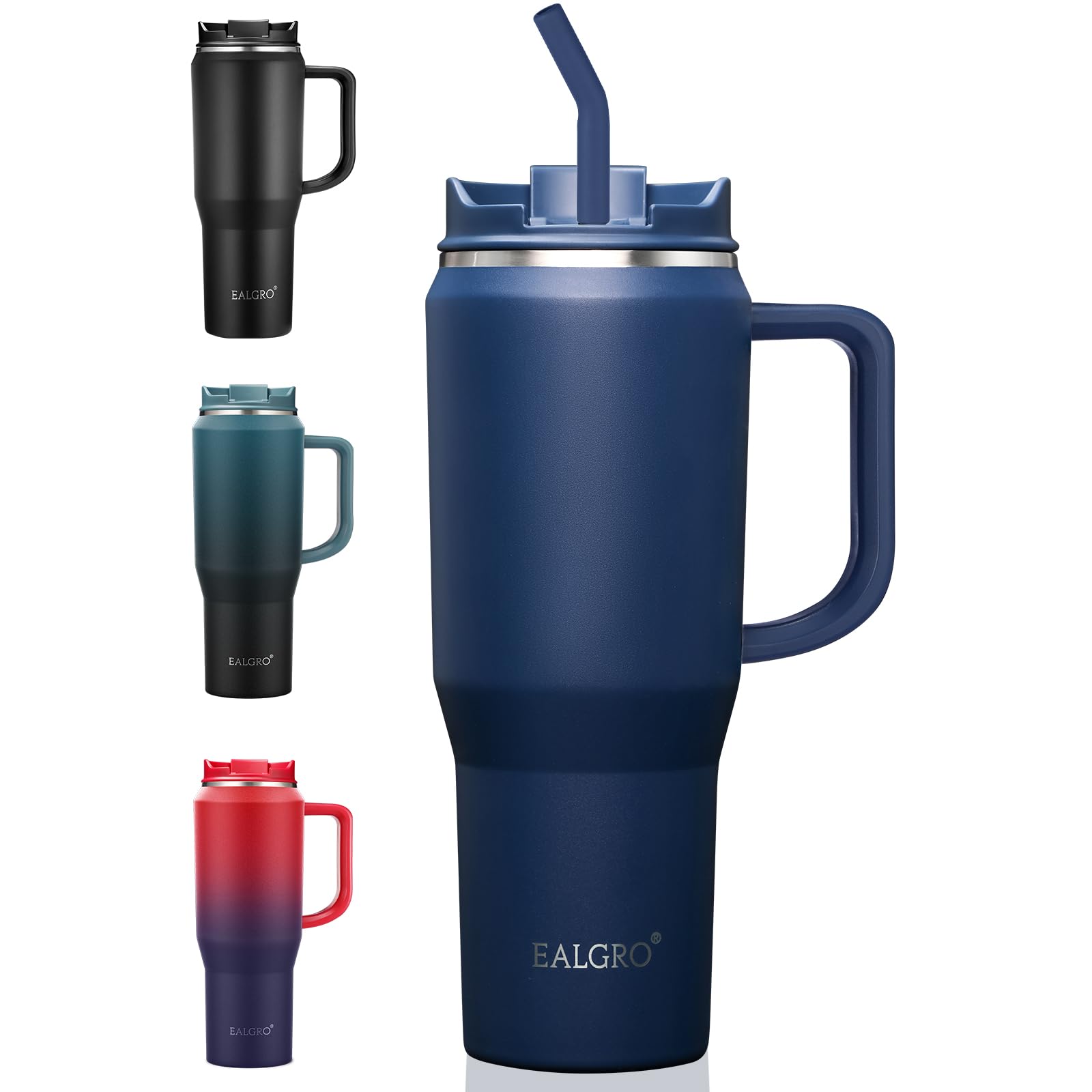 EALGRO Insulated Coffee Mug Cup with Lid, 40 oz Tumbler with Handle and Straw, Double walled Stainless Steel Coffee Tumbler, Thermal Water Bottle Jug, Navy Blue