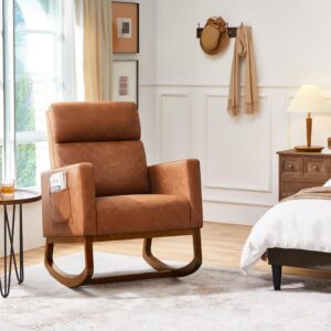 Yaheetech Leather Living Room Chair, Rocking Accent Chair, Modern Nursery Glider Chair with High Back and Side Pocket, Accent Rocker Armchair with Wood Legs for Living Room Bedroom Study, Brown