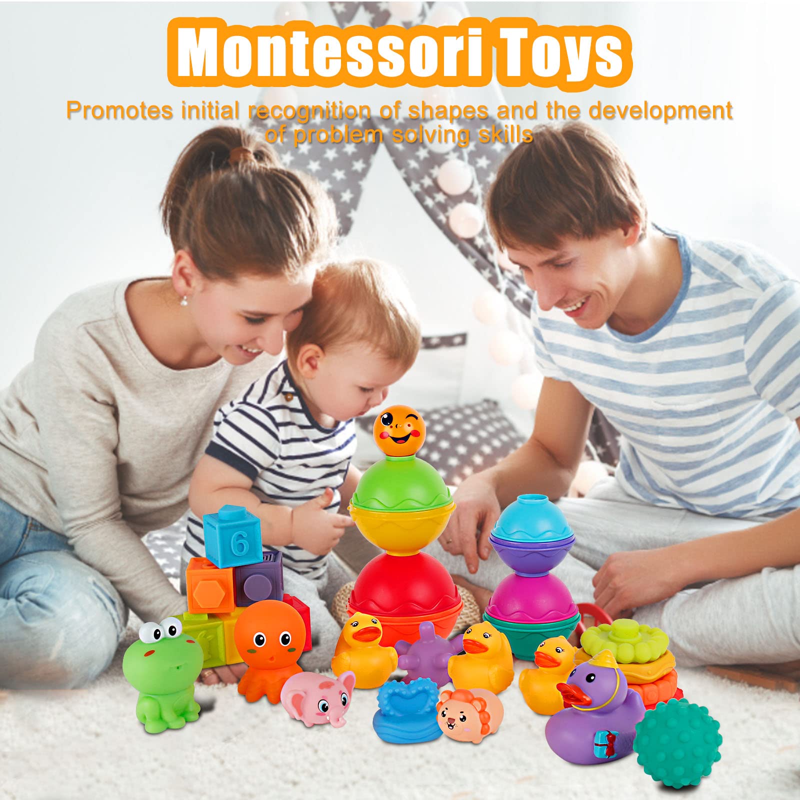 Ganowo Montessori Toys for 1 Year Old, 5 in 1 Baby Toys 12-18 Months, Stacking Building Blocks Baby Teething Toys, Sensory Preschool Learning Educational Toys