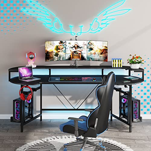 LITTLE TREE LED Gaming Desk with Monitor Shelf, Carbon Fiber Surface Gaming Table Gamer Workstation for Home Office, Black