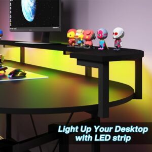 LITTLE TREE LED Gaming Desk with Monitor Shelf, Carbon Fiber Surface Gaming Table Gamer Workstation for Home Office, Black