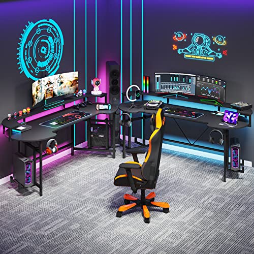 LITTLE TREE LED Gaming Desk with Monitor Shelf, Carbon Fiber Surface Gaming Table Gamer Workstation for Home Office, Black