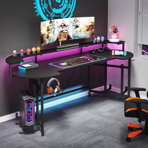 LITTLE TREE LED Gaming Desk with Monitor Shelf, Carbon Fiber Surface Gaming Table Gamer Workstation for Home Office, Black