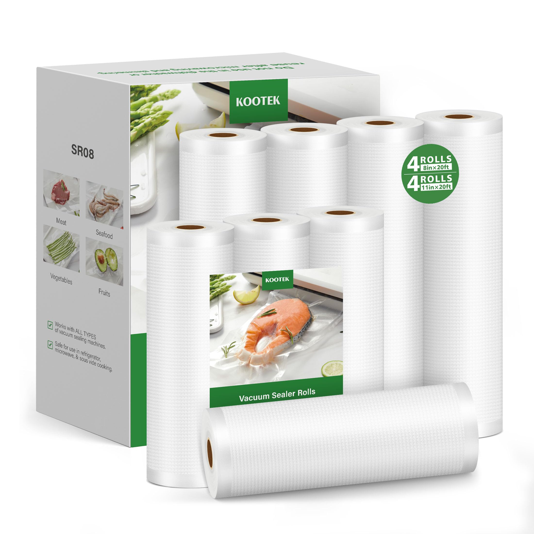 Kootek Vacuum Sealer Bags for Food, 8 Rolls for Custom Fit Food Storage, Meal Prep or Sous Vide, 8" x 20' (4 Rolls) and 11"x 20' (4 Rolls) Commercial Grade Vacuum Seal Freezer Bags Rolls