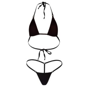engkelai sexy bikini underwear women's three-point swimsuit suit transparent mini lace up thong (black)