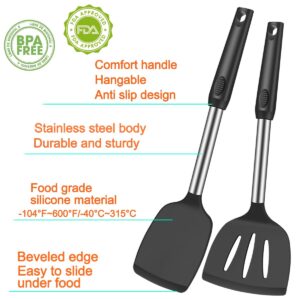 KLAQQED 5Pcs Silicone Spatula Heat Resistant Long Large Spatulas Set for Nonstick Cookware, Rubber Pancake Fish Turner Spatula for Kitchen Use Silicone Spatula Cooking Kitchen Utensils Set Black