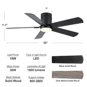 Flush Mount Ceiling Fan with Lights, 52’’ Black Ceiling Fan with Light, 3 Color Temperatures, 6 Fan Speeds, Timer Remote, Silent Reversible DC Motor, for Patio, Farmhouse, Bedroom