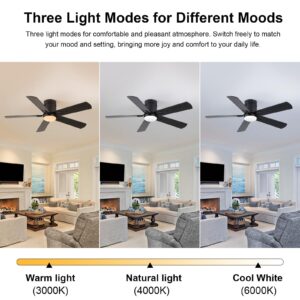 Flush Mount Ceiling Fan with Lights, 52’’ Black Ceiling Fan with Light, 3 Color Temperatures, 6 Fan Speeds, Timer Remote, Silent Reversible DC Motor, for Patio, Farmhouse, Bedroom