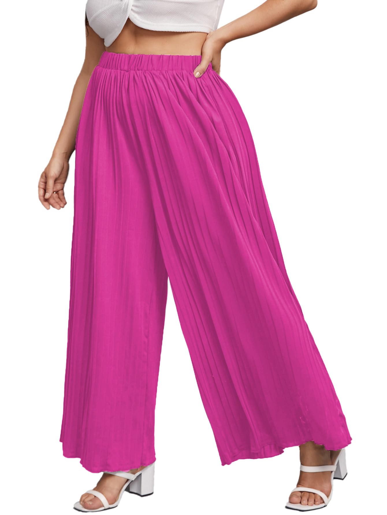 WDIRARA Women's Plus Size Pleated Elastic Waist Wide Leg Casual Long Pants Hot Pink 1XL