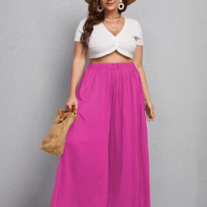 WDIRARA Women's Plus Size Pleated Elastic Waist Wide Leg Casual Long Pants Hot Pink 1XL