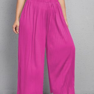 WDIRARA Women's Plus Size Pleated Elastic Waist Wide Leg Casual Long Pants Hot Pink 1XL