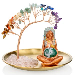 zenbless crystals tree,7 chakra healing crystals tree gaia te fiti storage tray yoga meditation zen home decor set figurine ornament decoration feng shui wealth luck (mother earth statue_gold tray)