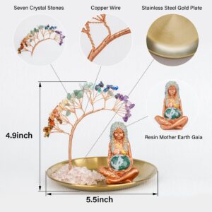 ZenBless Crystals Tree,7 Chakra Healing Crystals Tree Gaia Te Fiti Storage Tray Yoga Meditation Zen Home Decor Set Figurine Ornament Decoration Feng Shui Wealth Luck (Mother Earth Statue_Gold Tray)