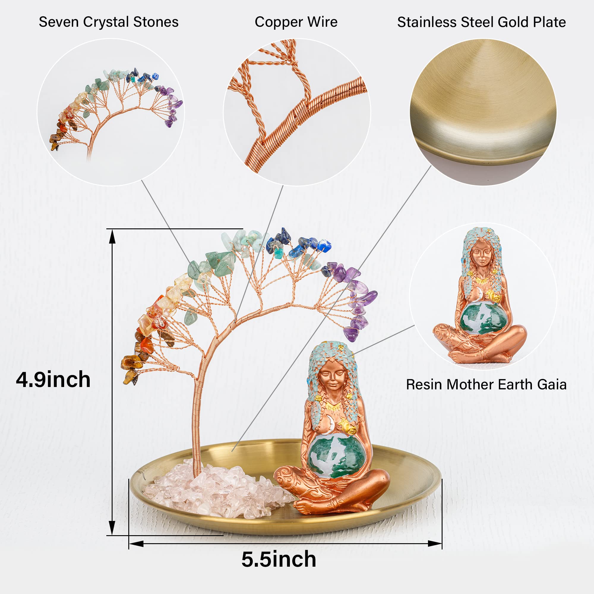 ZenBless Crystals Tree,7 Chakra Healing Crystals Tree Gaia Te Fiti Storage Tray Yoga Meditation Zen Home Decor Set Figurine Ornament Decoration Feng Shui Wealth Luck (Mother Earth Statue_Gold Tray)