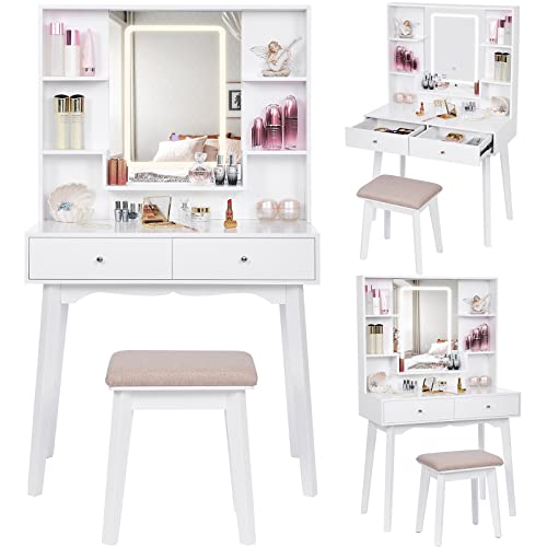 ANWBROAD Makeup Vanity Desk Vanity Table Set with LED Lighted Mirror Vanity Set with 3 Adjustable Lighting Colors 5 Storage Shelves 2 Big Drawers Dresser Cushioned Stool for Girls Women (White)