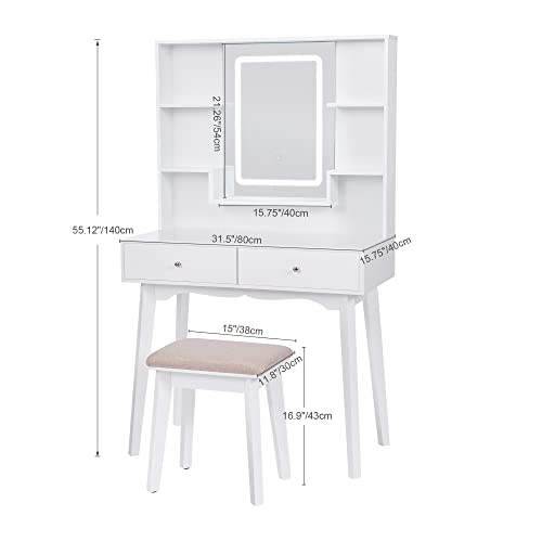 ANWBROAD Makeup Vanity Desk Vanity Table Set with LED Lighted Mirror Vanity Set with 3 Adjustable Lighting Colors 5 Storage Shelves 2 Big Drawers Dresser Cushioned Stool for Girls Women (White)