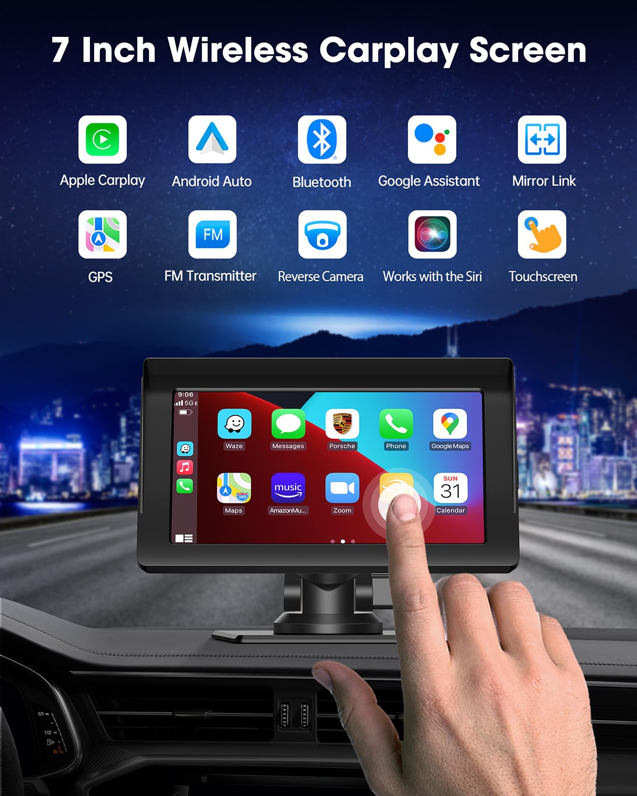 LAMTTO 7" HD Double Din Wireless Car Stereo with Apple Carplay & 1080P Backup Camera,Portable Touchscreen Android Auto Adapter with GPS Navigation System (RC04B)