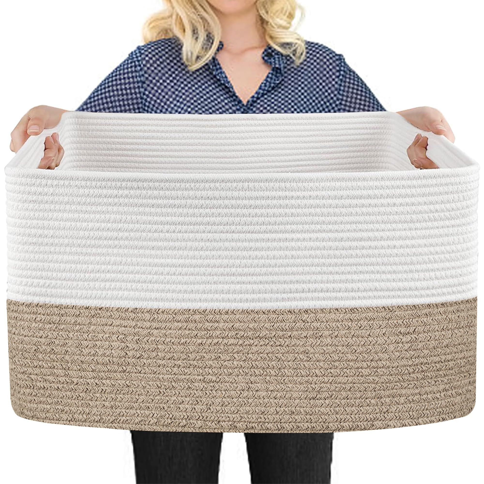 MEGASKET Extra Large Cotton Rope Basket, 23.6" x 15.7" x 14.1" Rectangle Blanket Basket Living Room, Wicker Woven Throw Blanket Pillow Storage Basket, Soft Kids Dog Toy Basket Storage Bins Organizer