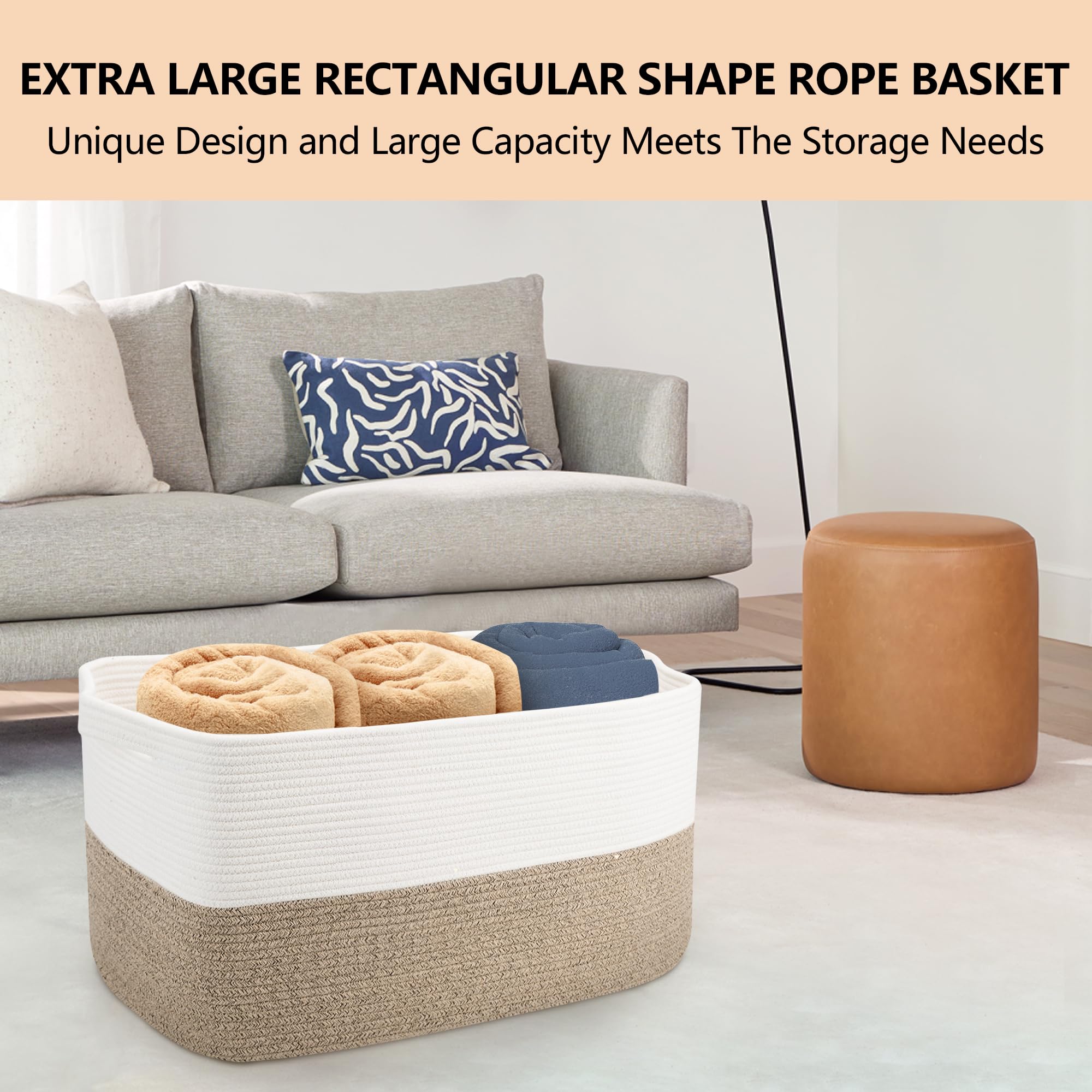 MEGASKET Extra Large Cotton Rope Basket, 23.6" x 15.7" x 14.1" Rectangle Blanket Basket Living Room, Wicker Woven Throw Blanket Pillow Storage Basket, Soft Kids Dog Toy Basket Storage Bins Organizer