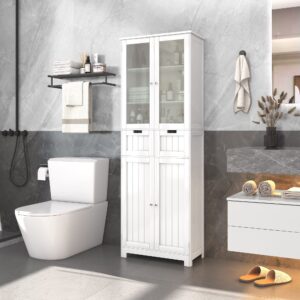 Squireewo Freestanding Bathroom Storage Cabinet with Doors and Drawers, Kitchen Pantry Storage Cabinet with Adjustable Shelf for Kitchen, Bathroom, White