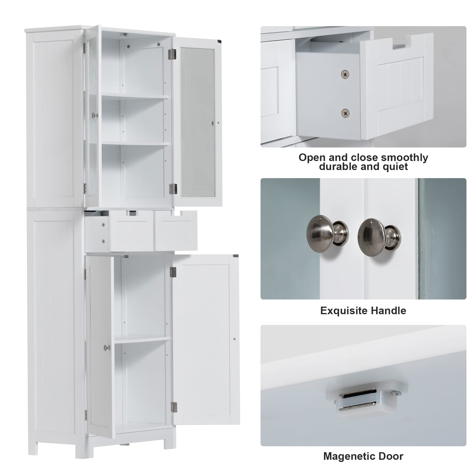 Squireewo Freestanding Bathroom Storage Cabinet with Doors and Drawers, Kitchen Pantry Storage Cabinet with Adjustable Shelf for Kitchen, Bathroom, White