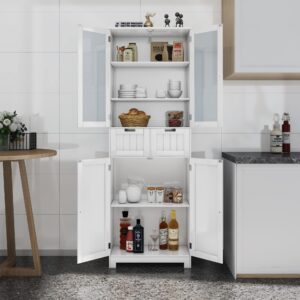 Squireewo Freestanding Bathroom Storage Cabinet with Doors and Drawers, Kitchen Pantry Storage Cabinet with Adjustable Shelf for Kitchen, Bathroom, White