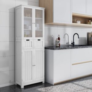 Squireewo Freestanding Bathroom Storage Cabinet with Doors and Drawers, Kitchen Pantry Storage Cabinet with Adjustable Shelf for Kitchen, Bathroom, White