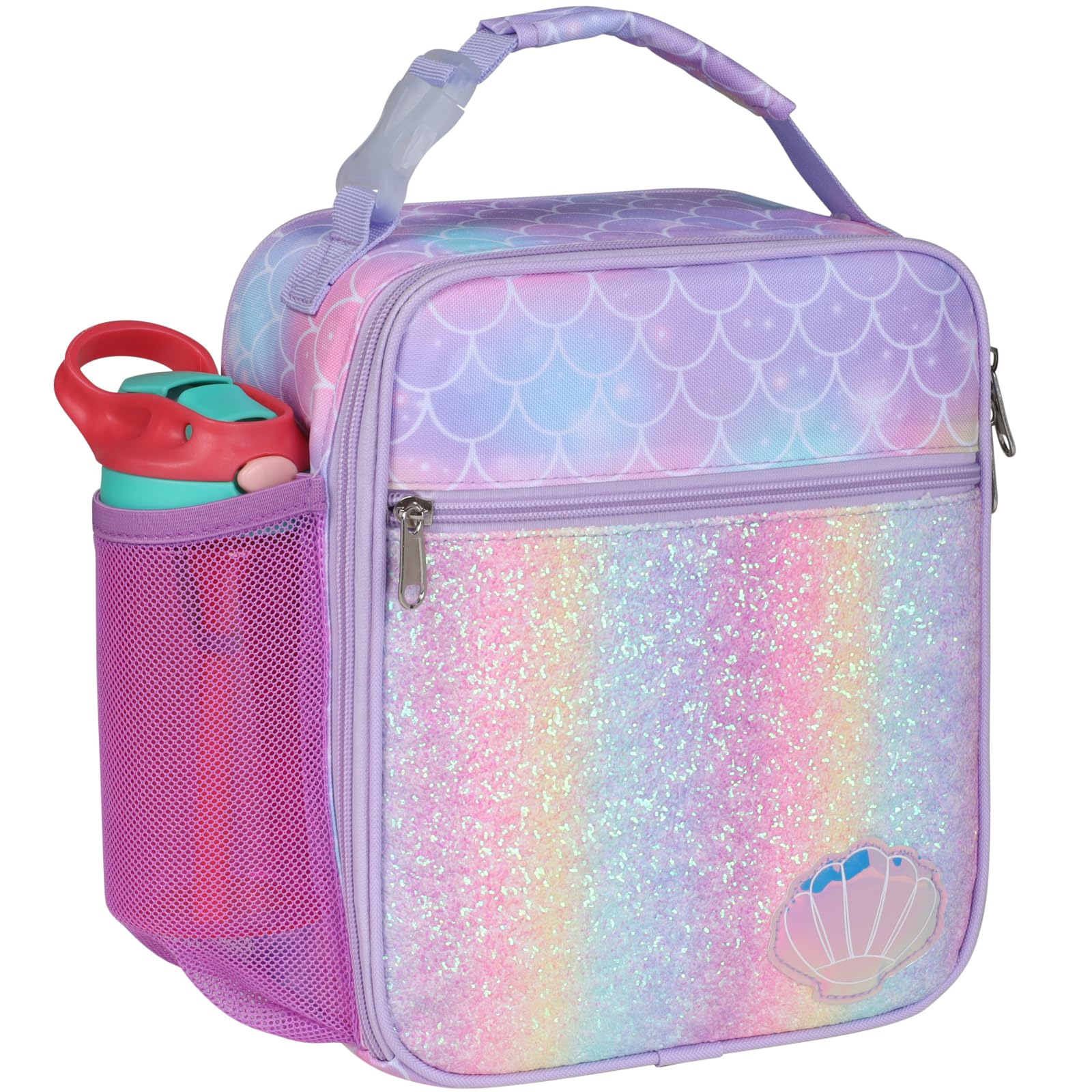 Bagseri Kids Lunch Box Insulated - Lunch Box Bag for Girls, Portable Reusable Toddler Lunch Cooler Bag for School, Water-resistant Lining (Purple, Glitter Mermaid Scale)