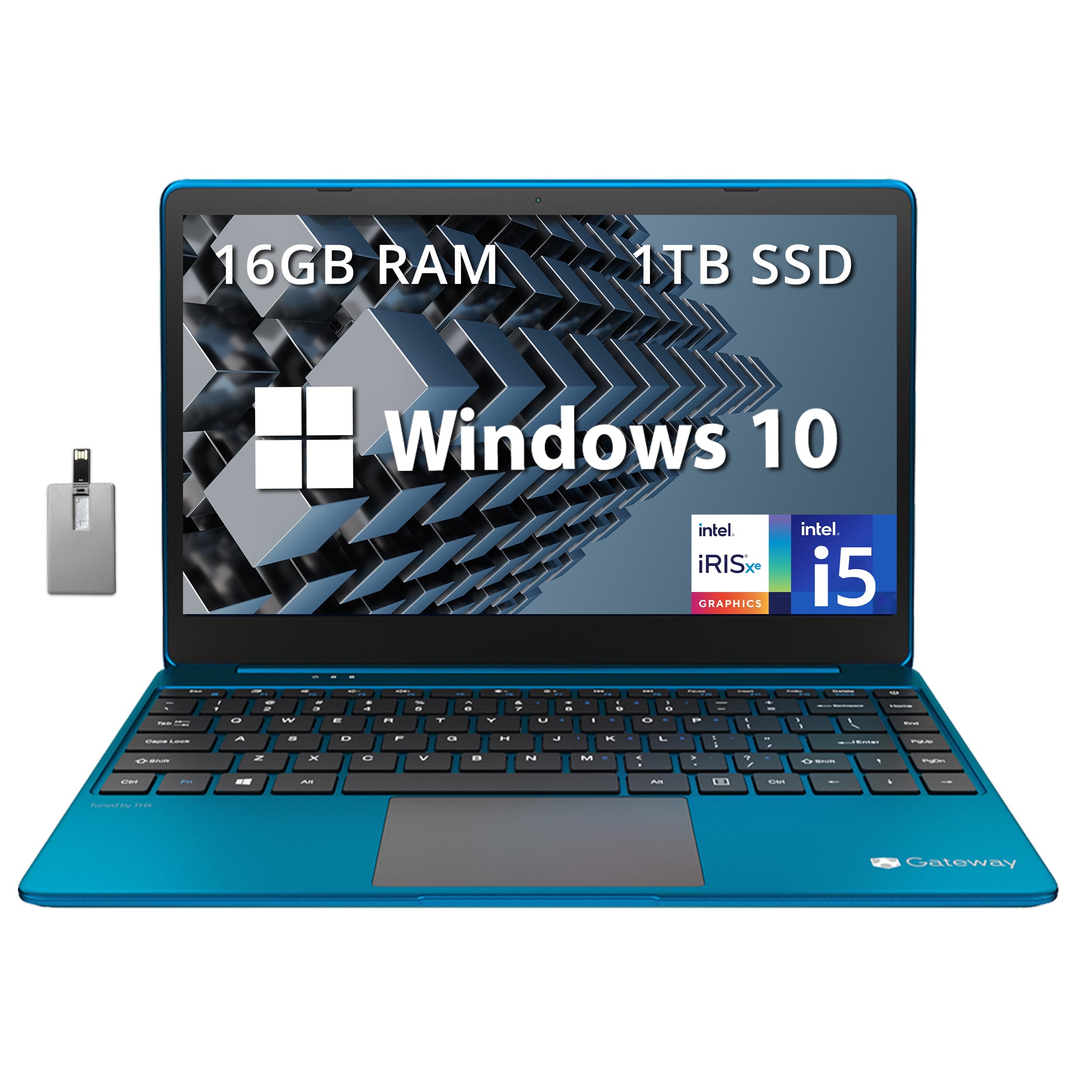 Gateway 14.1" Ultra Slim Laptop, IPS FHD Display, Intel i5-1135G7 Processor, 16GB RAM, 1TB PCIe SSD, Intel Iris Xe Graphics, Camera, Fingerprint Scanner, Bluetooth, Blue, Win 10, 32GB USB Card