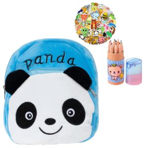 kids small backpack set - animal plush backpack for kids - cute & functional with fun accessories - includes cartoon stickers and mini color pencil tubes - (blue panda)