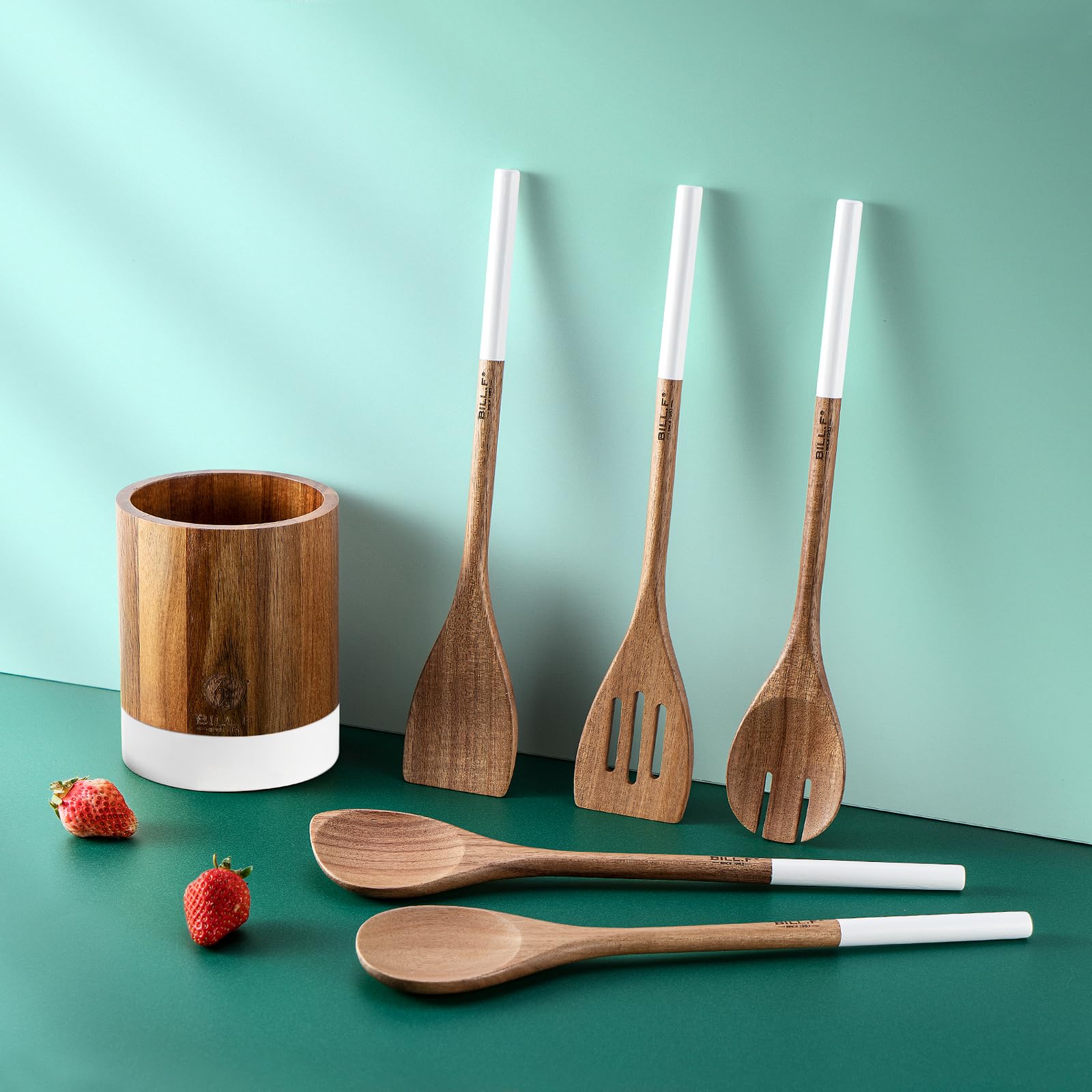 Wooden Spoons for Cooking Wooden Kitchen Utensil and Kitchen Utensil Holder Set of 5 Wooden Cooking Utensils Spatula Set Including Spoon, Turner and Slotted Spoon with Long Handle